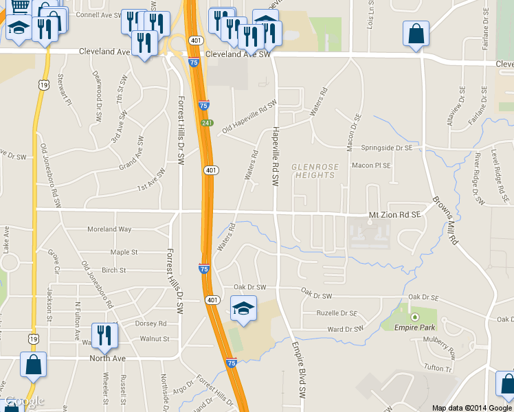 map of restaurants, bars, coffee shops, grocery stores, and more near 149 Mount Zion Road Southwest in Atlanta