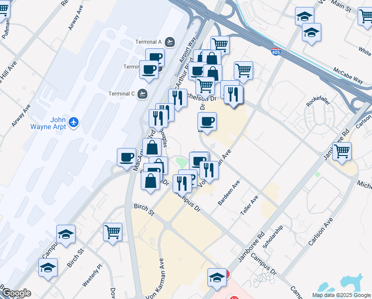 map of restaurants, bars, coffee shops, grocery stores, and more near 2233 Martin in Irvine