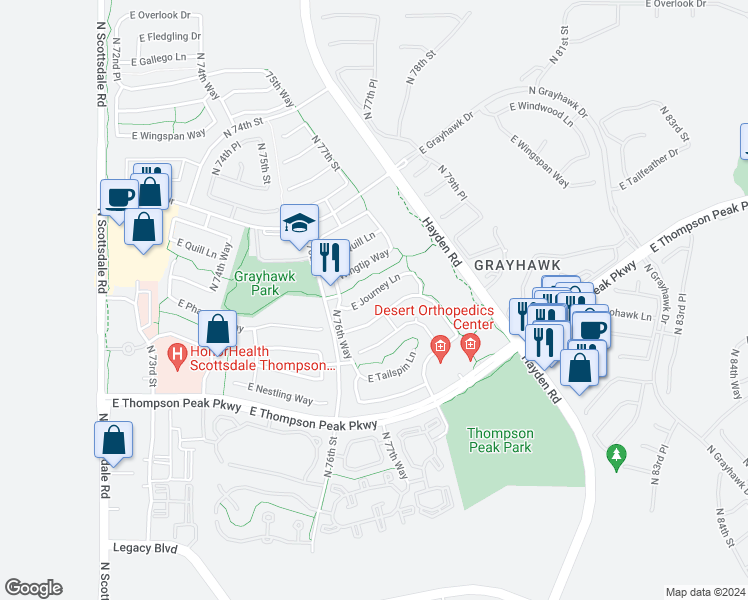 map of restaurants, bars, coffee shops, grocery stores, and more near 7741 East Journey Lane in Scottsdale