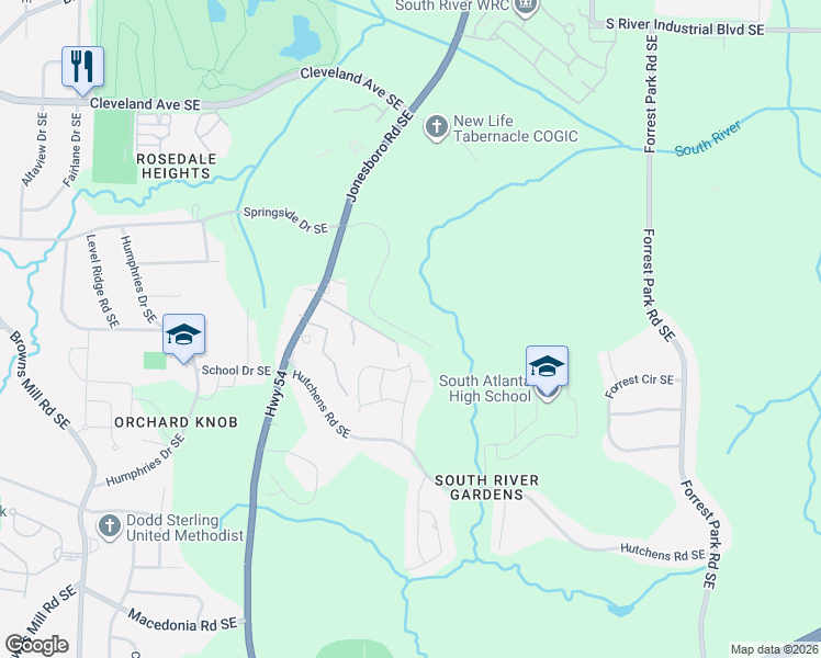 map of restaurants, bars, coffee shops, grocery stores, and more near 2980 Jonesboro Road Southeast in Atlanta