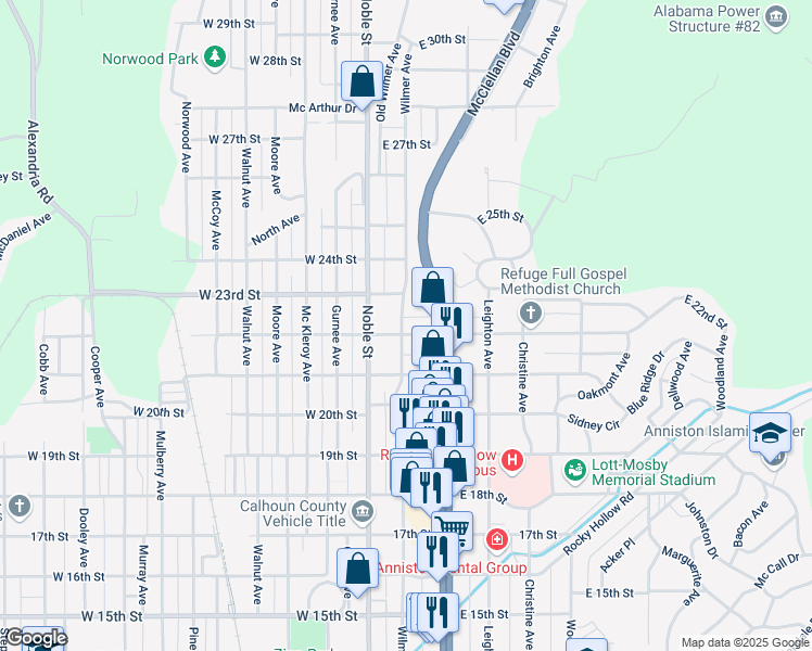 map of restaurants, bars, coffee shops, grocery stores, and more near 103 East 22nd Street in Anniston