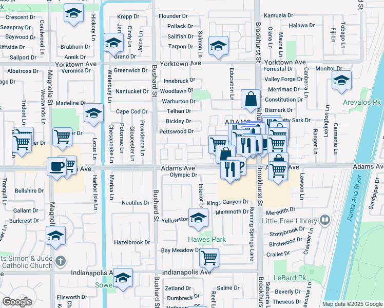 map of restaurants, bars, coffee shops, grocery stores, and more near 9664 Durham Drive in Huntington Beach