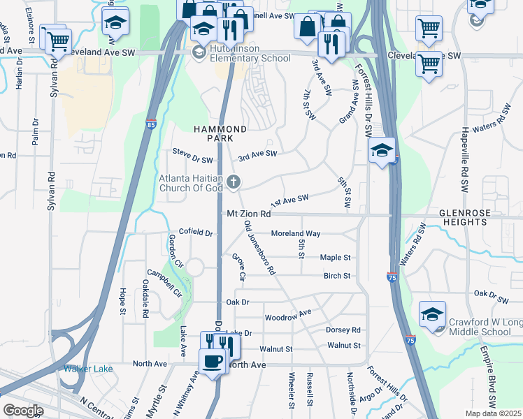 map of restaurants, bars, coffee shops, grocery stores, and more near 523 Mount Zion Road in Atlanta
