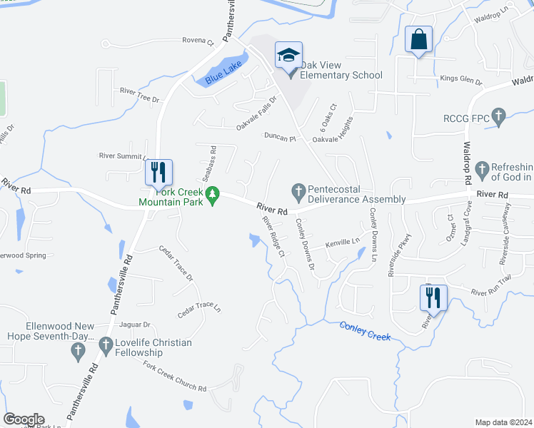 map of restaurants, bars, coffee shops, grocery stores, and more near 3714 River Ridge Court in Decatur