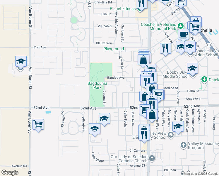 map of restaurants, bars, coffee shops, grocery stores, and more near Damascus Avenue in Coachella
