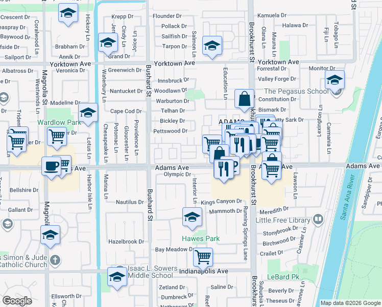 map of restaurants, bars, coffee shops, grocery stores, and more near 9688 Durham Drive in Huntington Beach