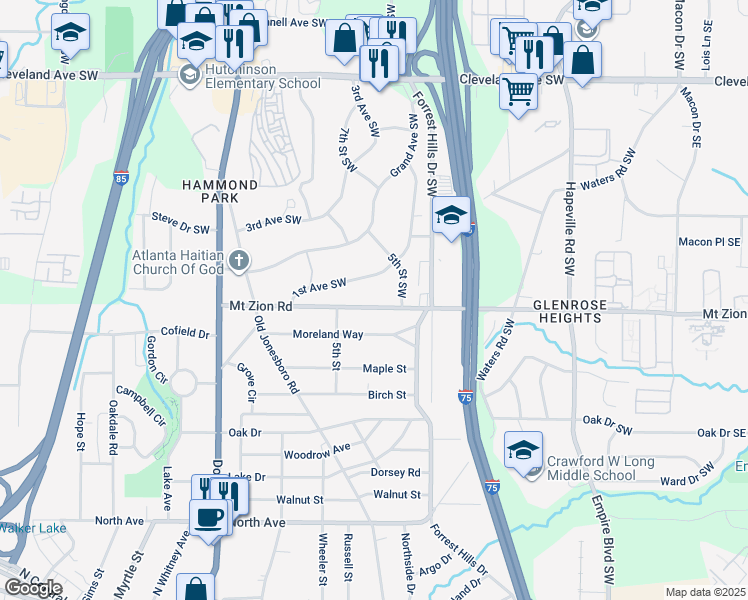 map of restaurants, bars, coffee shops, grocery stores, and more near 371 Mount Zion Road Southwest in Atlanta