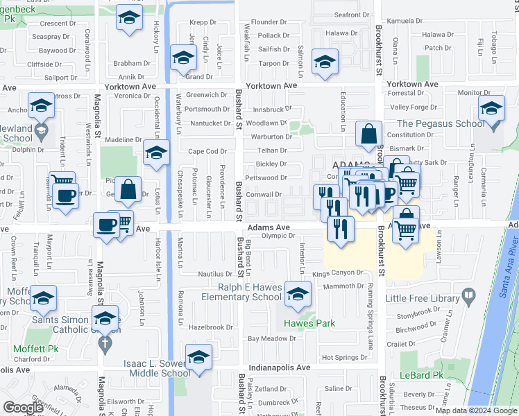 map of restaurants, bars, coffee shops, grocery stores, and more near 19914 Lures Lane in Huntington Beach