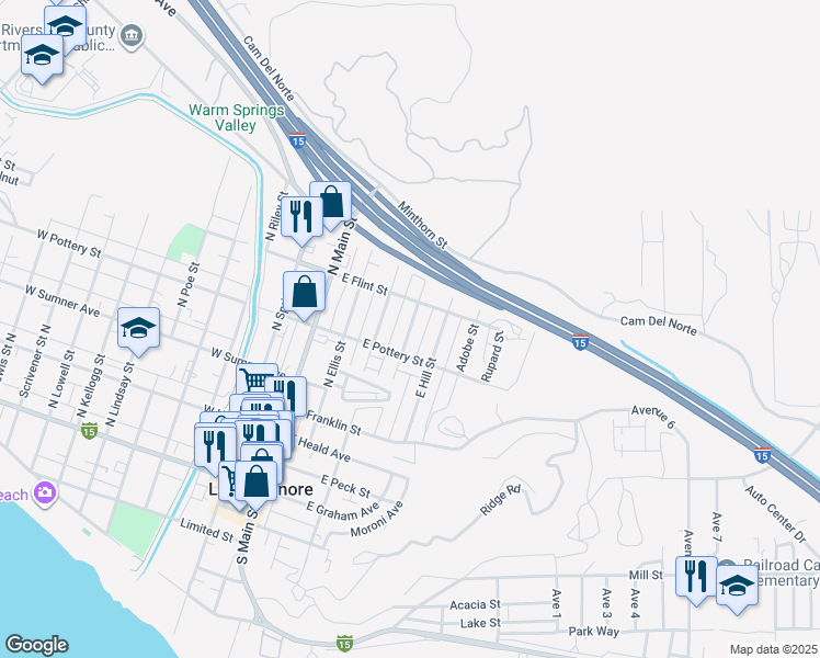map of restaurants, bars, coffee shops, grocery stores, and more near Granite Street in Lake Elsinore