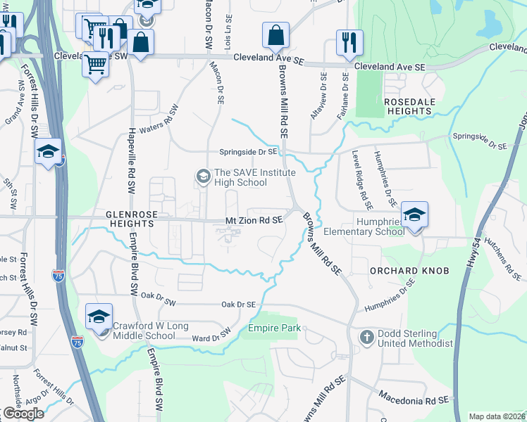 map of restaurants, bars, coffee shops, grocery stores, and more near 140 Mount Zion Road Southeast in Atlanta