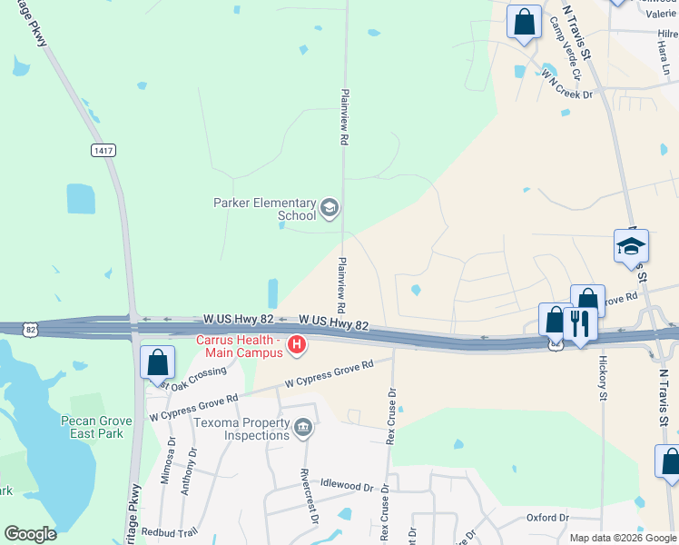 map of restaurants, bars, coffee shops, grocery stores, and more near Plainview Road in Sherman