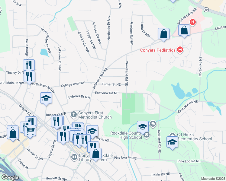 map of restaurants, bars, coffee shops, grocery stores, and more near 1074 Eastview Road Northeast in Conyers