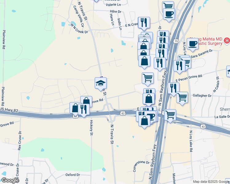 map of restaurants, bars, coffee shops, grocery stores, and more near 211 East Canyon Grove Road in Sherman