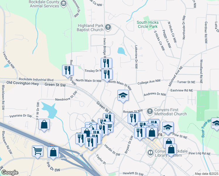 map of restaurants, bars, coffee shops, grocery stores, and more near 1075 Irwin Bridge Road Northwest in Conyers