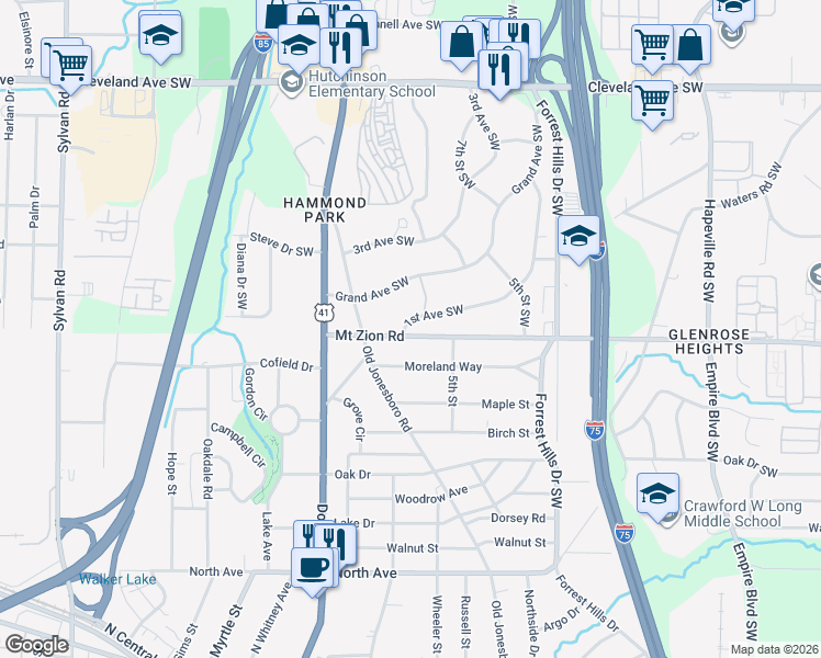 map of restaurants, bars, coffee shops, grocery stores, and more near 495 Mount Zion Road Southwest in Atlanta