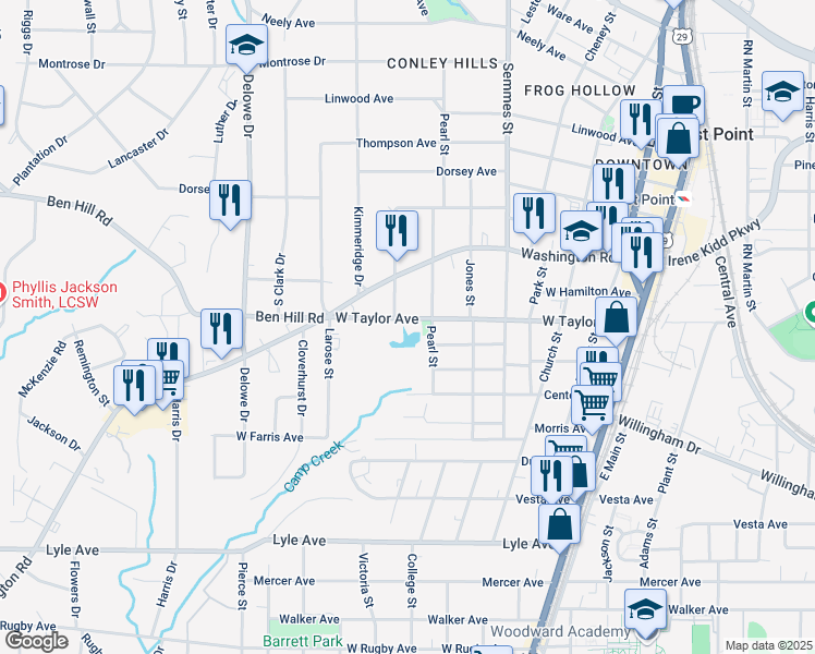 map of restaurants, bars, coffee shops, grocery stores, and more near 1912 West Taylor Avenue in East Point