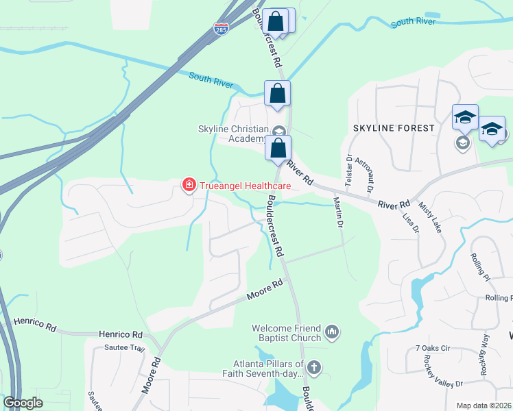 map of restaurants, bars, coffee shops, grocery stores, and more near 1971 Boulder Hills Drive in Ellenwood