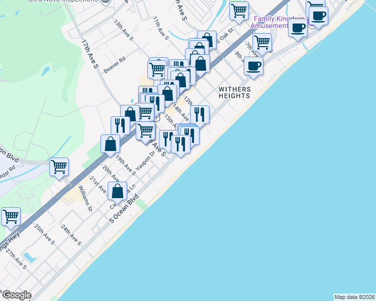 map of restaurants, bars, coffee shops, grocery stores, and more near 1501 South Ocean Boulevard in Myrtle Beach