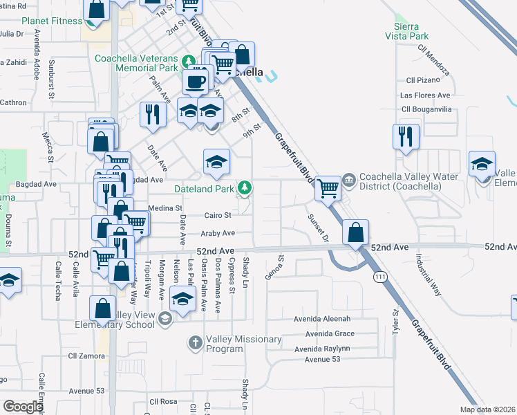 map of restaurants, bars, coffee shops, grocery stores, and more near 85505 Sylmar Lane in Coachella