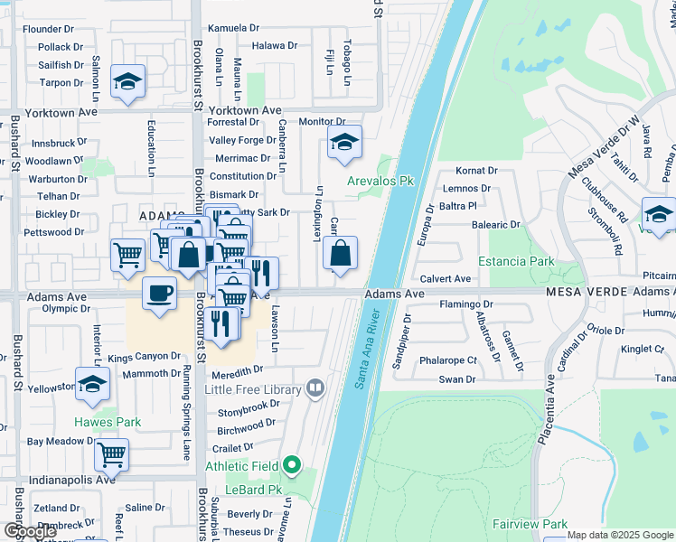 map of restaurants, bars, coffee shops, grocery stores, and more near 19922 Carmania Lane in Huntington Beach
