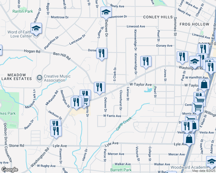 map of restaurants, bars, coffee shops, grocery stores, and more near 2092 Ben Hill Road in East Point