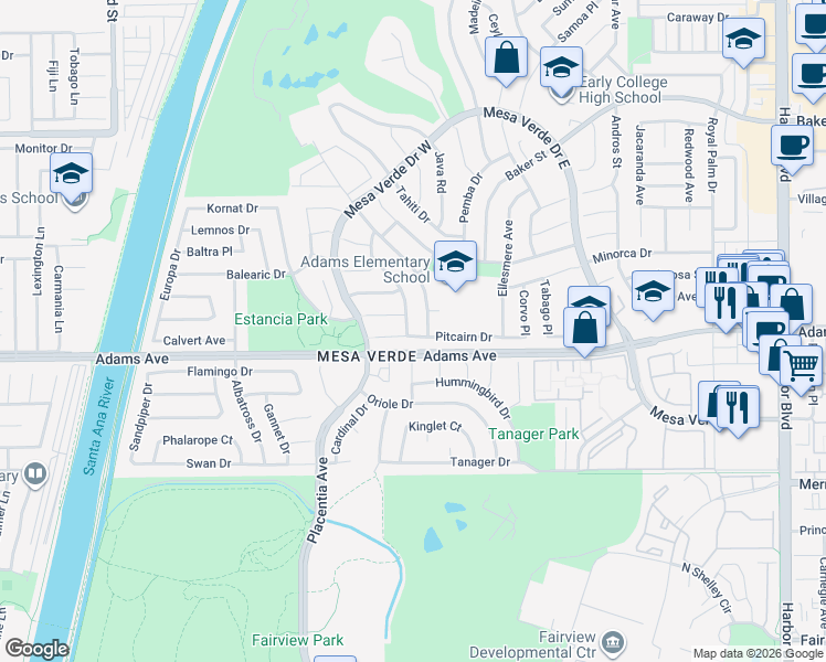 map of restaurants, bars, coffee shops, grocery stores, and more near 2824 Clubhouse Road in Costa Mesa