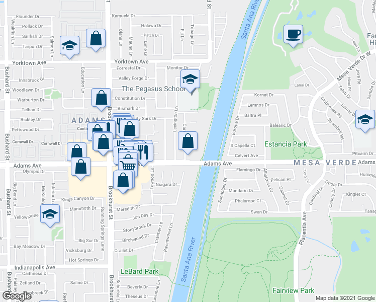 map of restaurants, bars, coffee shops, grocery stores, and more near 19922 Carmania Lane in Huntington Beach