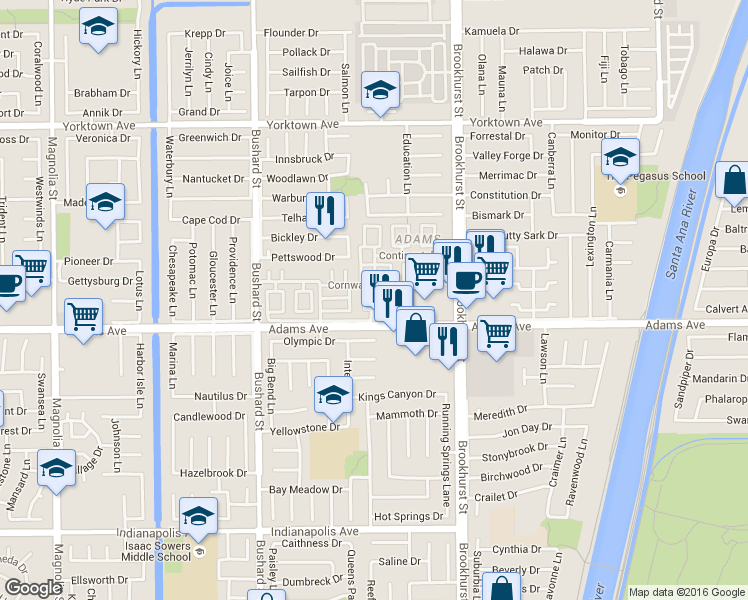 map of restaurants, bars, coffee shops, grocery stores, and more near 19925 Coventry Lane in Huntington Beach