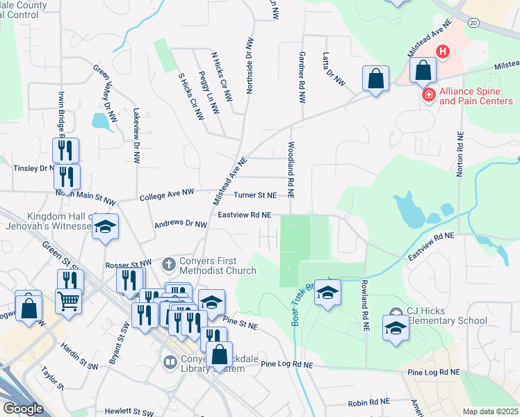 map of restaurants, bars, coffee shops, grocery stores, and more near 1064 Eastview Road Northeast in Conyers