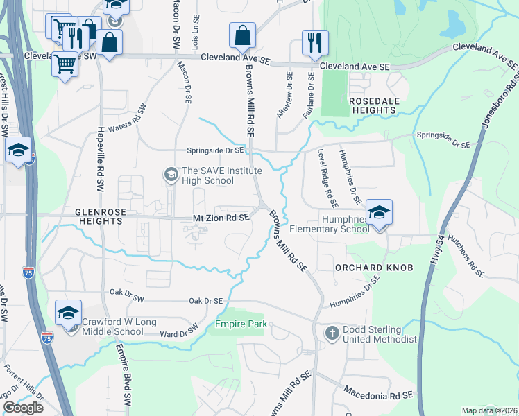 map of restaurants, bars, coffee shops, grocery stores, and more near 183 Mount Zion Road Southeast in Atlanta