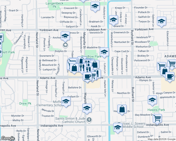 map of restaurants, bars, coffee shops, grocery stores, and more near 9003 Adams Avenue in Huntington Beach