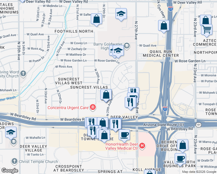 map of restaurants, bars, coffee shops, grocery stores, and more near 2917 West Irma Lane in Phoenix