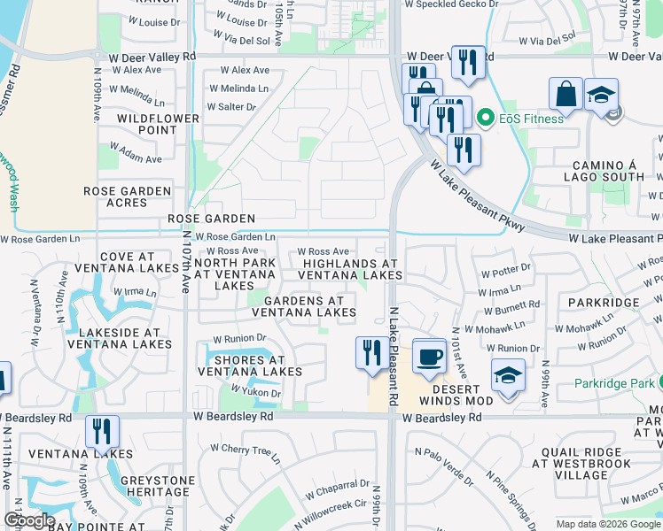 map of restaurants, bars, coffee shops, grocery stores, and more near 10327 West Ross Avenue in Peoria