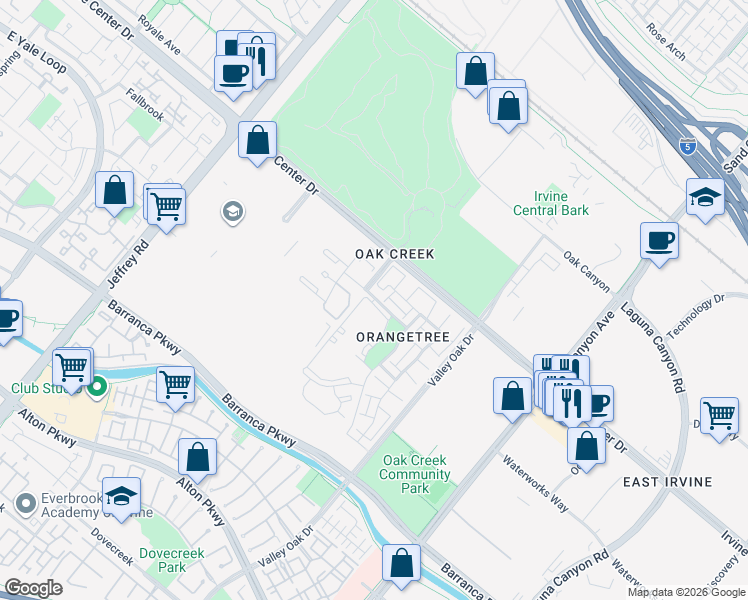 map of restaurants, bars, coffee shops, grocery stores, and more near 39 Tangerine in Irvine