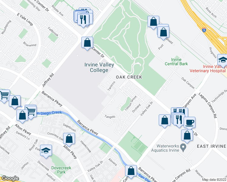 map of restaurants, bars, coffee shops, grocery stores, and more near 411 Tarocco in Irvine