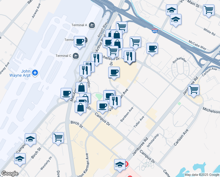 map of restaurants, bars, coffee shops, grocery stores, and more near 2253 Martin in Irvine