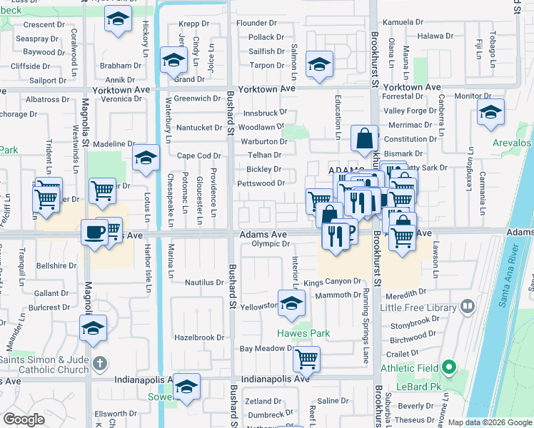 map of restaurants, bars, coffee shops, grocery stores, and more near 19901 Derbyshire Lane in Huntington Beach