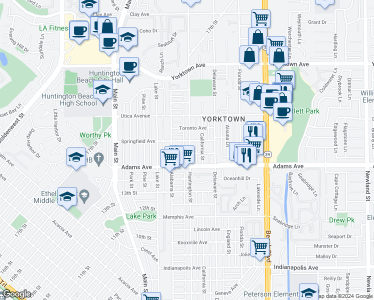 map of restaurants, bars, coffee shops, grocery stores, and more near 214 Springfield Avenue in Huntington Beach