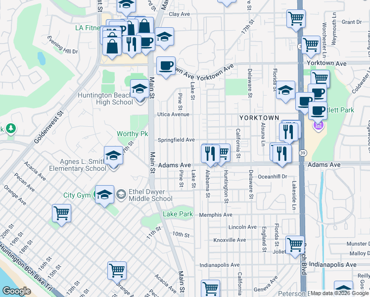 map of restaurants, bars, coffee shops, grocery stores, and more near 1738 Pine Street in Huntington Beach