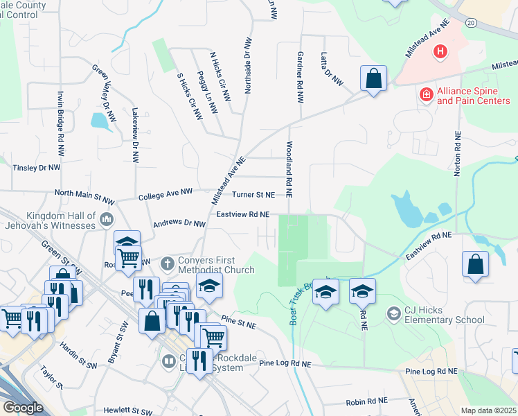 map of restaurants, bars, coffee shops, grocery stores, and more near 1064 Eastview Road Northeast in Conyers