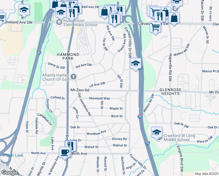 map of restaurants, bars, coffee shops, grocery stores, and more near 391 Mount Zion Road in Atlanta