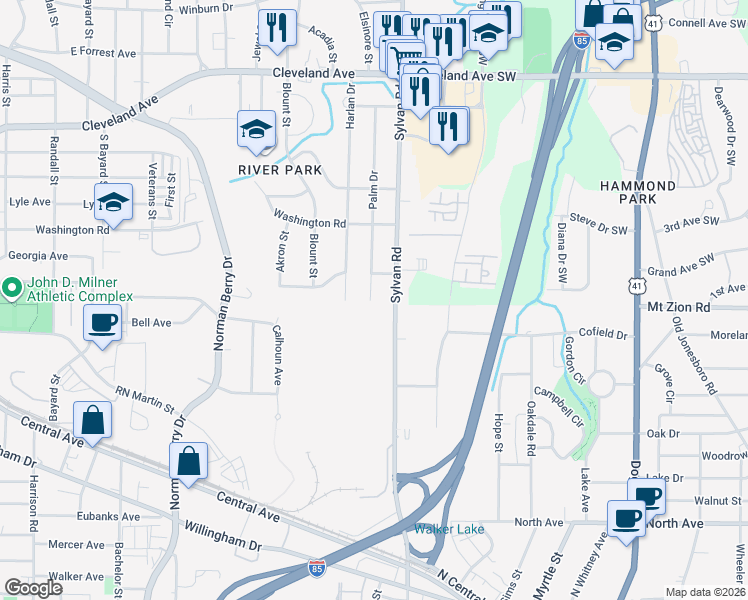 map of restaurants, bars, coffee shops, grocery stores, and more near 2981 Palm Drive in East Point