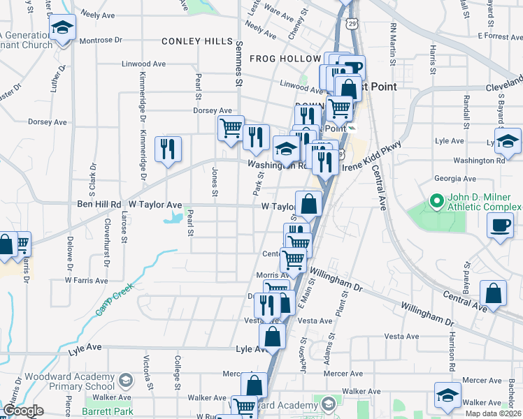 map of restaurants, bars, coffee shops, grocery stores, and more near 2997 Church Street in Atlanta