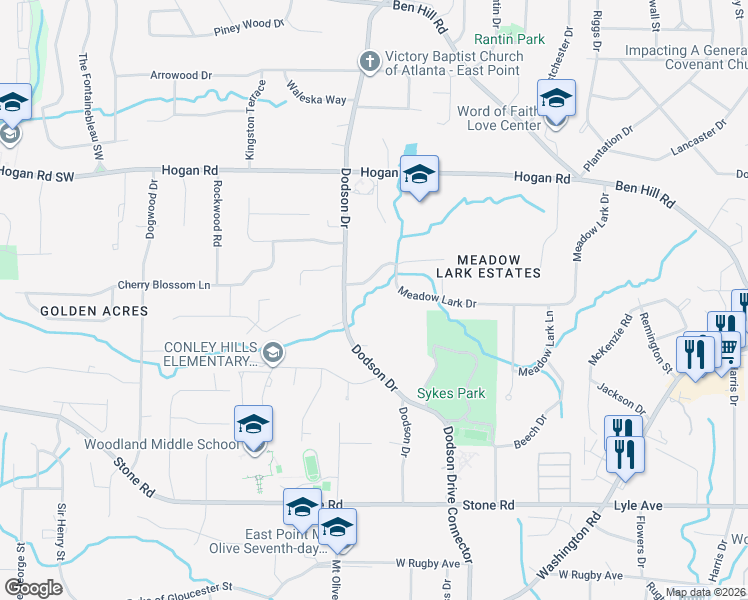 map of restaurants, bars, coffee shops, grocery stores, and more near 3030 Dodson Drive in East Point