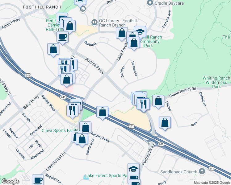 map of restaurants, bars, coffee shops, grocery stores, and more near 27121 Towne Centre Drive in Lake Forest