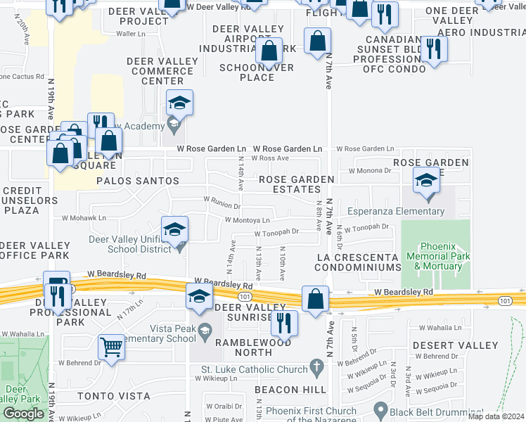 map of restaurants, bars, coffee shops, grocery stores, and more near 1113 West Runion Drive in Phoenix