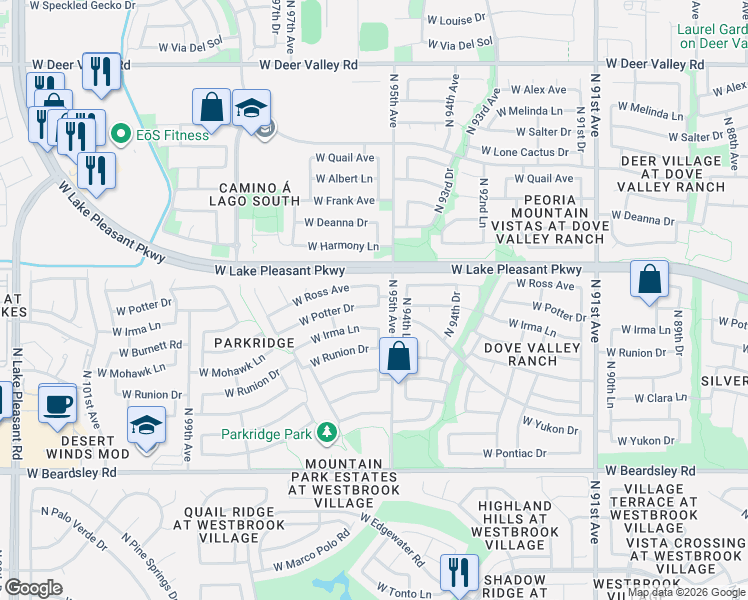 map of restaurants, bars, coffee shops, grocery stores, and more near 9535 West Ross Avenue in Peoria