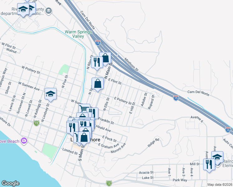 map of restaurants, bars, coffee shops, grocery stores, and more near 407 Lookout Street in Lake Elsinore
