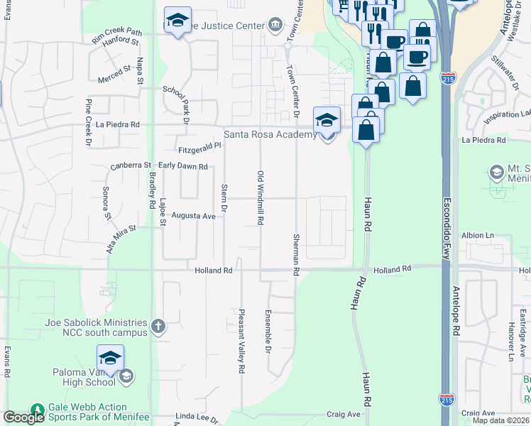 map of restaurants, bars, coffee shops, grocery stores, and more near 30770 Old Windmill Road in Menifee