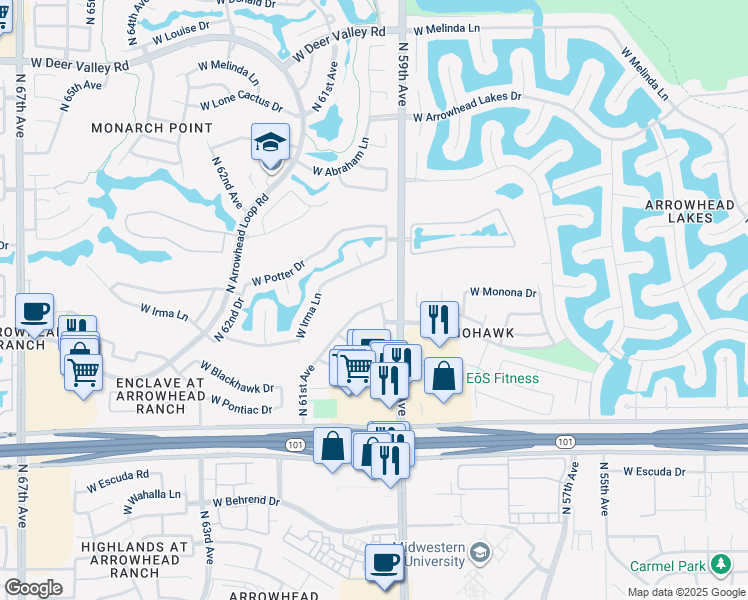 map of restaurants, bars, coffee shops, grocery stores, and more near 20628 North 61st Avenue in Glendale